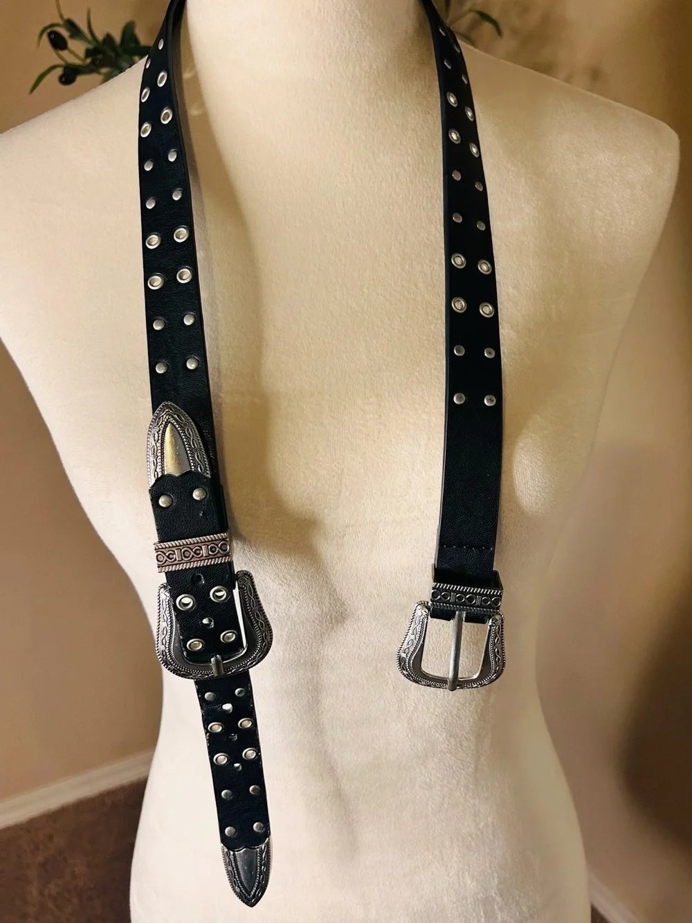 Engraved Double Buckle Belt Studded w/Rivets Retro